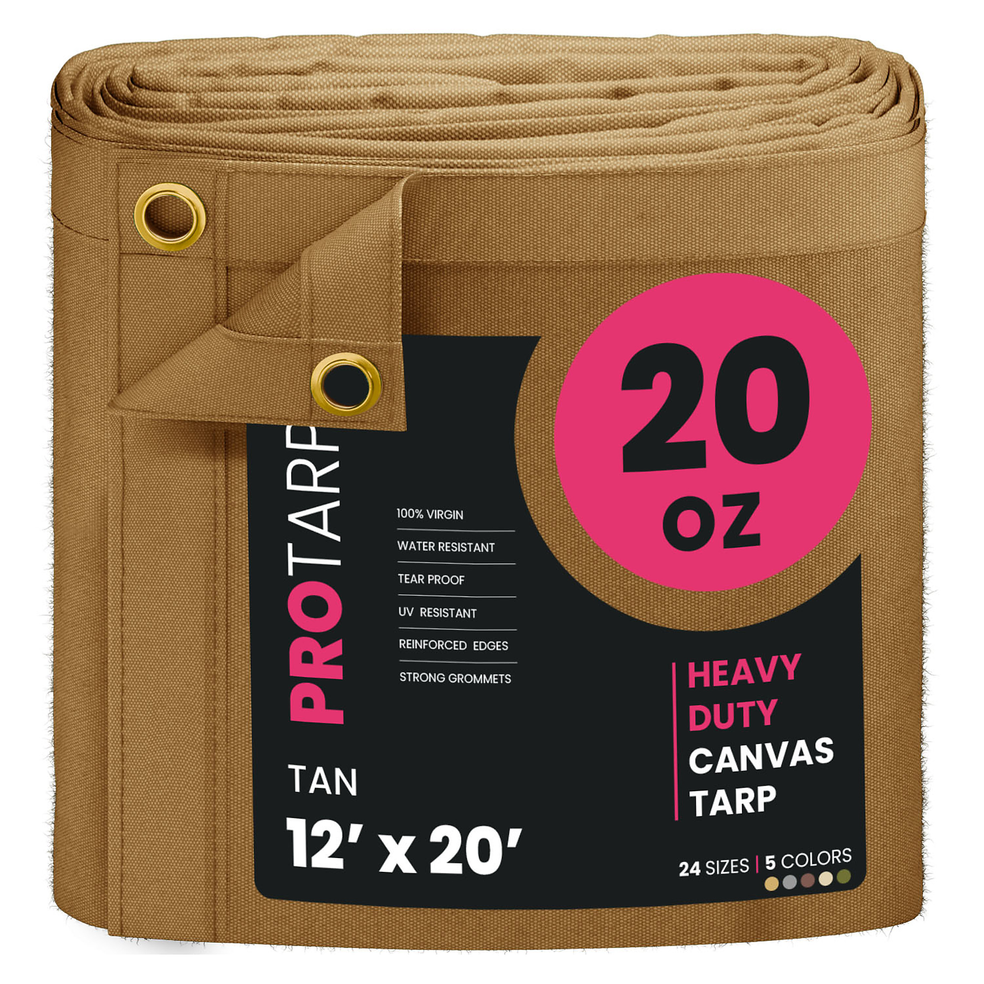 Protarp Extreme Heavy-Duty Canvas Tarp — 12ft. x 20ft., 20 Oz., Water-Resistant, UV-Resistant, Rustproof Brass Grommets, Tan, Model# PT-405-12X20
